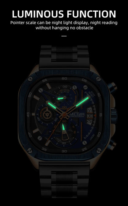 MEGIR Black Quartz Watch Men Waterproof Square Dial Wristwatch with Chronograph Stainless Steel Strap Luminous Hands Auto Date