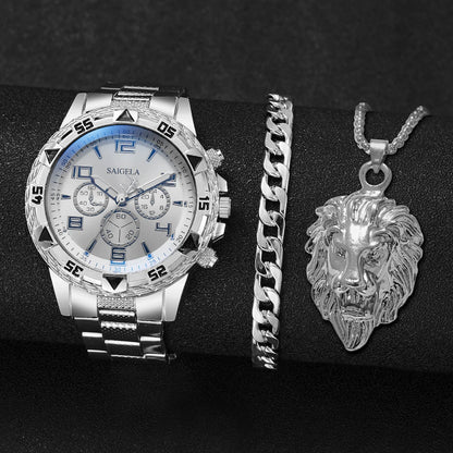 Luxorive Executive Trio – Men's Stainless Steel Arabic Dial Business Watch Set (3‑Piece, No Box)