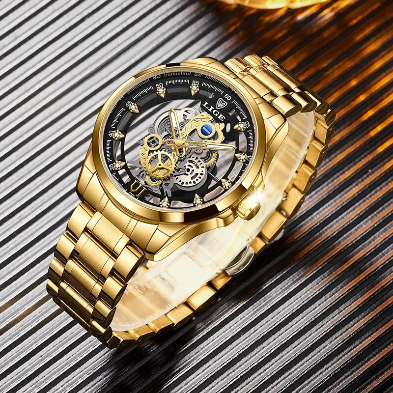 LIGE Men's Skeleton Quartz Watch – Luxury Retro Gold Wristwatch, Stainless Steel, Waterproof, Casual/Formal