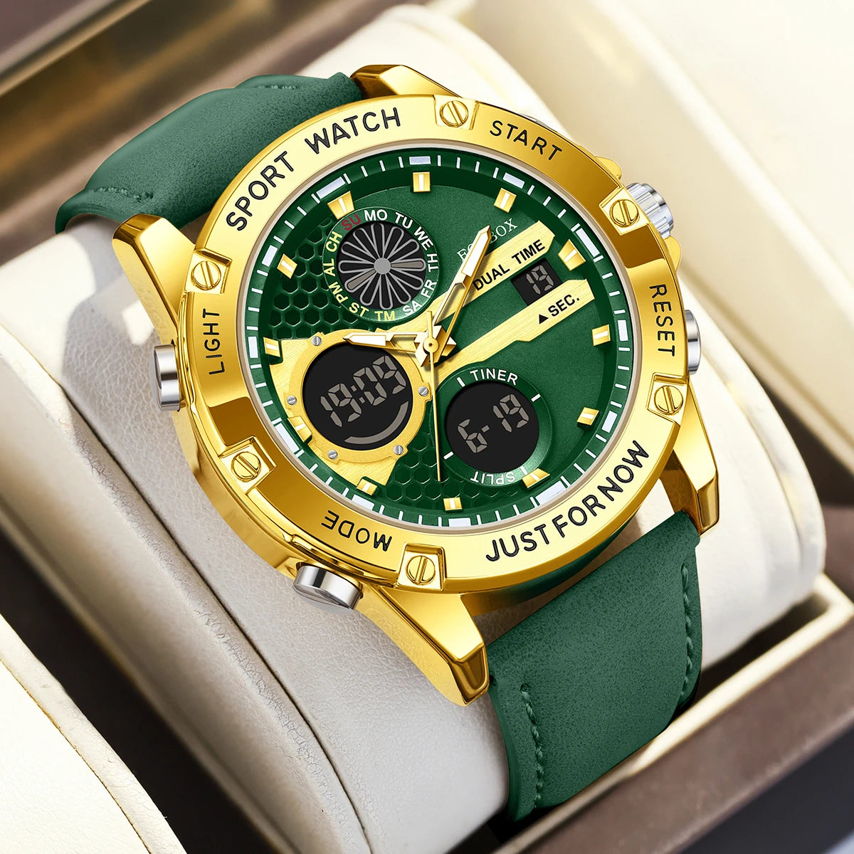 LIGE Men’s Outdoor Sport Watch – Leather Strap, Dual Digital Display, Waterproof & Luminous