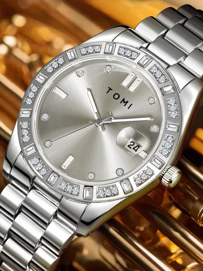 TOMI 4PCS Luxury Business Men's Watch Gift Box Set Luxury Diamond Case Calendar Stainless Steel Strap Quartz Watch Men's Clock