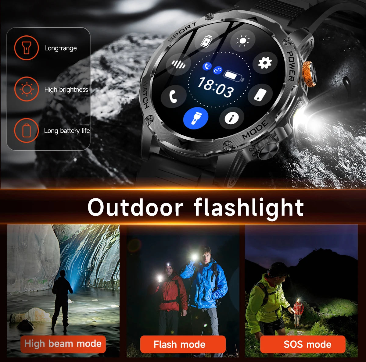LIGE Men’s Smartwatch – 1000mAh Battery, Outdoor Flashlight, Bluetooth Call, Waterproof Fitness Tracker