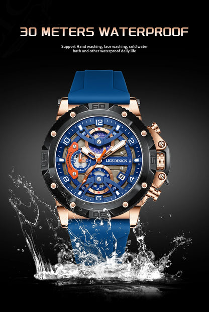 LIGE Sports Chronograph is a premium-quality men’s wristwatch featuring a rugged design with real chronograph sub-dials, made for active and style-conscious individuals.