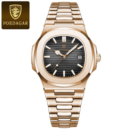 PENGAGAR Luxury Watch Business 50 ATM Waterproof Male Clock Luminous Date Stainless Steel Square Quartz Men Watches reloj hombre