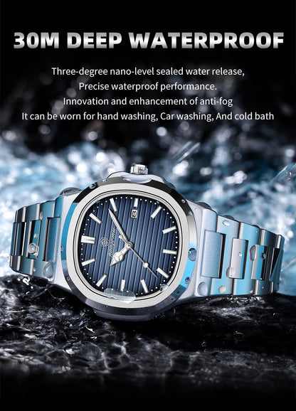 PENGAGAR Luxury Watch Business 50 ATM Waterproof Male Clock Luminous Date Stainless Steel Square Quartz Men Watches reloj hombre