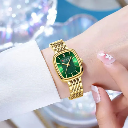CURREN 9093 Women's Fashion Quartz Watch – Elegant Square Gold Dial with Stainless Steel Strap, Waterproof