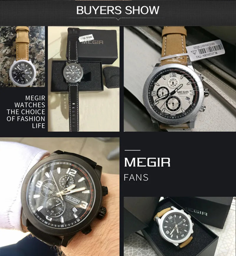 MEGIR Luxury Chronograph Men's Sport Watches Leather Strap Quartz Wristwatch Luminous Casual Male Clock Relogio Masculino 2026