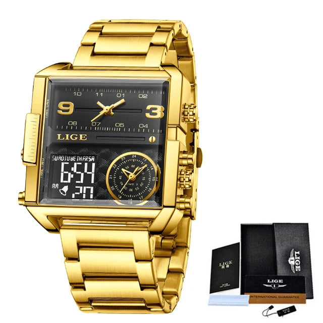 LIGE Men’s Black Steel Digital Dual Display Sports Chronograph – Waterproof Quartz Military Watch