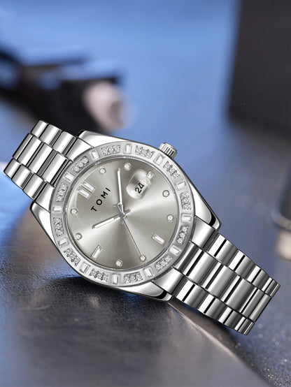 TOMI 4PCS Luxury Business Men's Watch Gift Box Set Luxury Diamond Case Calendar Stainless Steel Strap Quartz Watch Men's Clock