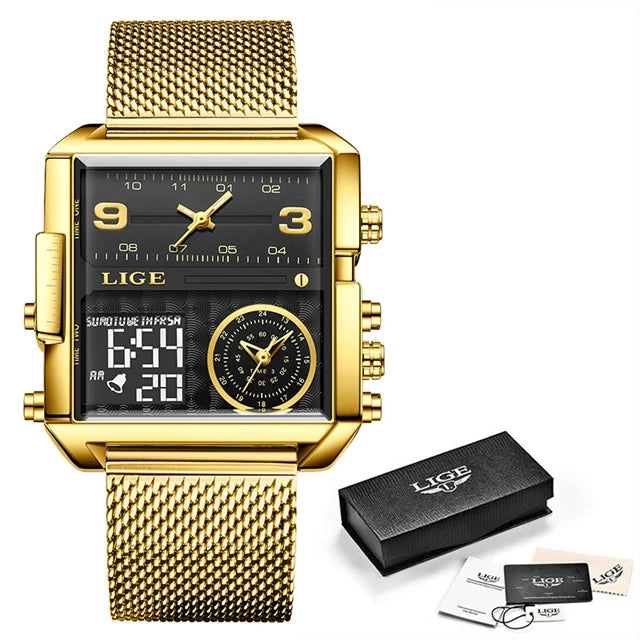 LIGE Men’s Black Steel Digital Dual Display Sports Chronograph – Waterproof Quartz Military Watch
