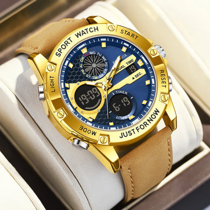 LIGE Men’s Outdoor Sport Watch – Leather Strap, Dual Digital Display, Waterproof & Luminous