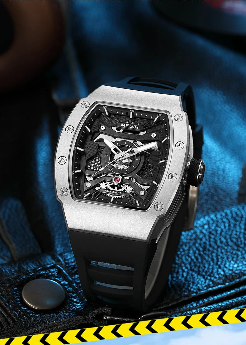 MEGIR Men's Automatic Mechanical Watch with Stainless Steel Case Sillicone Strap Fashion Waterproof Luminous Wristwatch 8604