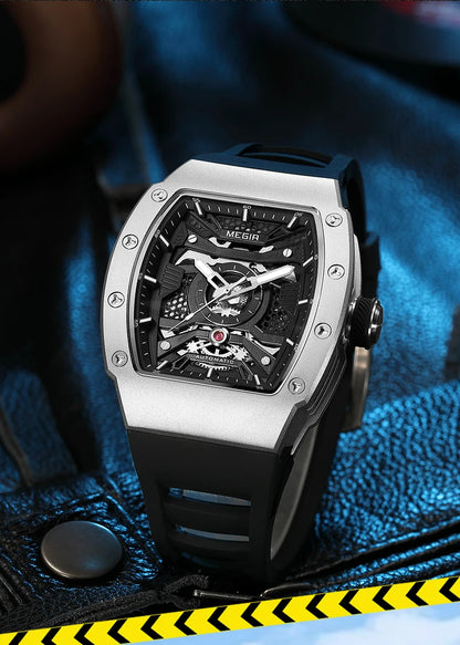 MEGIR Men's Automatic Mechanical Watch with Stainless Steel Case Sillicone Strap Fashion Waterproof Luminous Wristwatch 8604