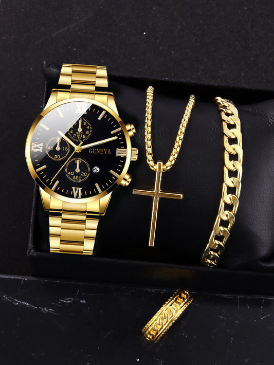 Luxorive Gold Roman Gift Set 🎁 – 4‑Piece Men’s Gold Quartz Watch with Calendar, Cross Necklace, Bracelet & Ring