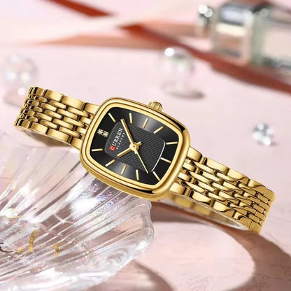CURREN 9093 Women's Fashion Quartz Watch – Elegant Square Gold Dial with Stainless Steel Strap, Waterproof