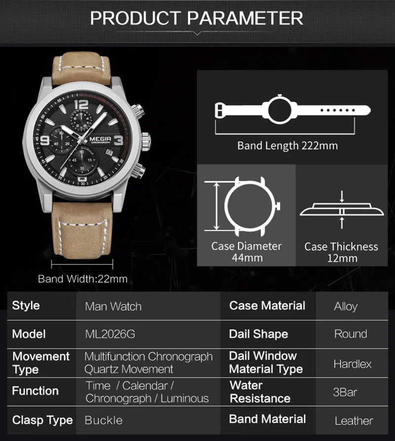MEGIR Luxury Chronograph Men's Sport Watches Leather Strap Quartz Wristwatch Luminous Casual Male Clock Relogio Masculino 2026