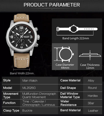 MEGIR Luxury Chronograph Men's Sport Watches Leather Strap Quartz Wristwatch Luminous Casual Male Clock Relogio Masculino 2026