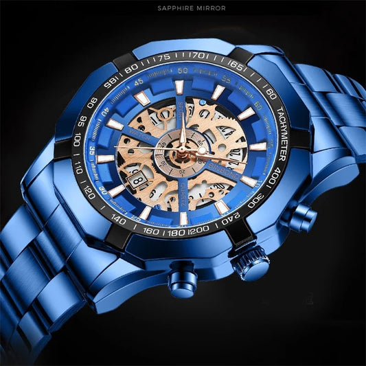 Luxorive BlueCore X – 2025 Luxury Skeleton Steel Watch for Men
