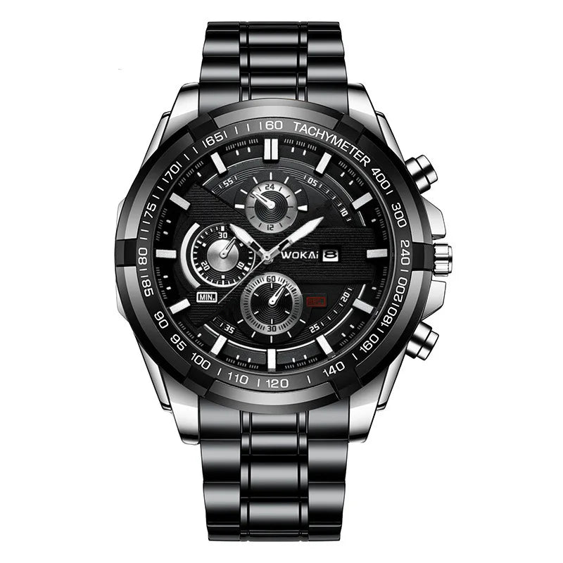Luxorive MetroChron – 3‑Eye Quartz Watch for Men | Steel Bracelet, Roman + Index Dial