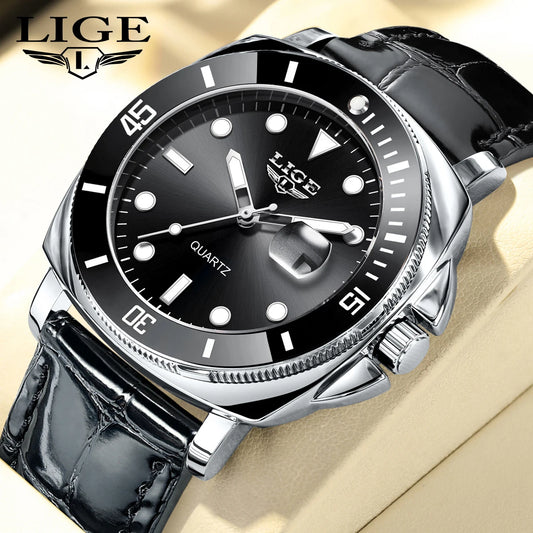 LIGE Men’s Business Military Sports Quartz Watch – Luxury Leather Waterproof Timepiece