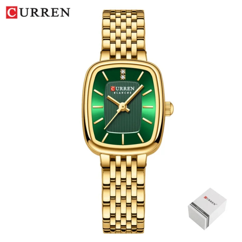 CURREN 9093 Women's Fashion Quartz Watch – Elegant Square Gold Dial with Stainless Steel Strap, Waterproof