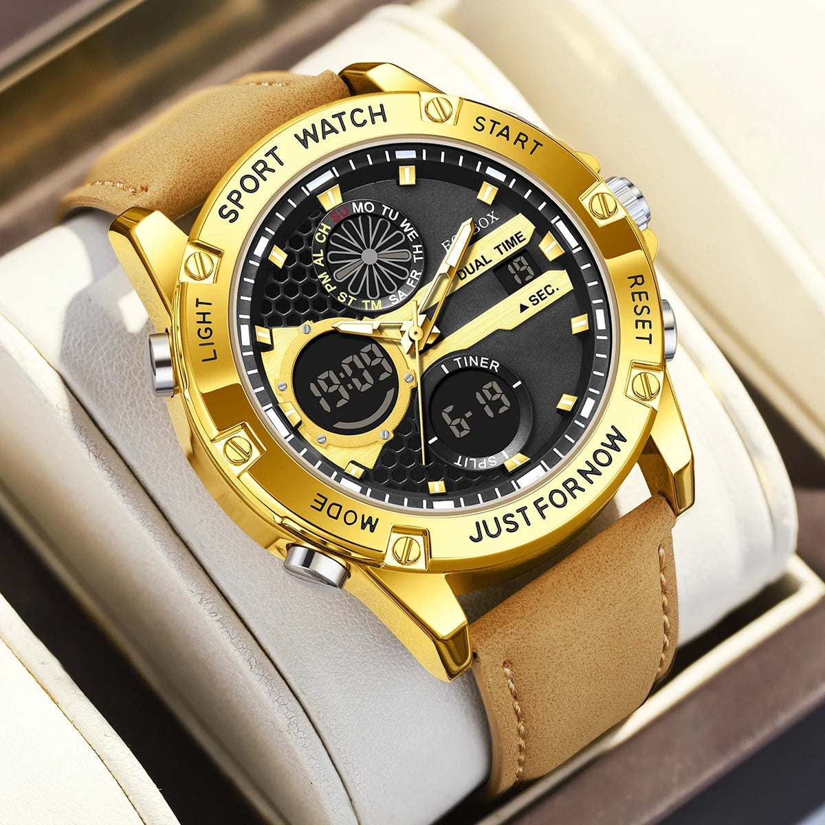 LIGE Men’s Outdoor Sport Watch – Leather Strap, Dual Digital Display, Waterproof & Luminous