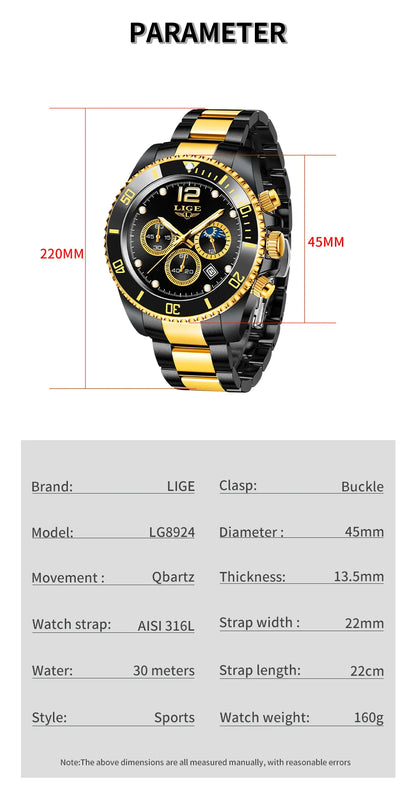 LIGE Men’s Luxury Military Quartz Watch – Full Steel Waterproof Chronograph