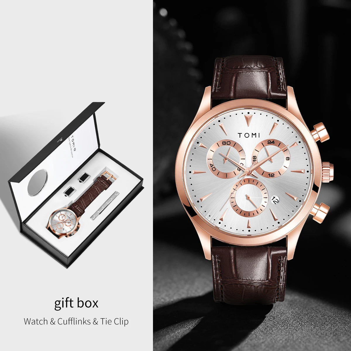 TOMI 4PCS Set Luxury Business Men's Quartz Watch Casual Fashion Versatile Watch Men's Cufflinks Tie Clip Watch Festival Gift