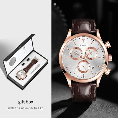 TOMI 4PCS Set Luxury Business Men's Quartz Watch Casual Fashion Versatile Watch Men's Cufflinks Tie Clip Watch Festival Gift