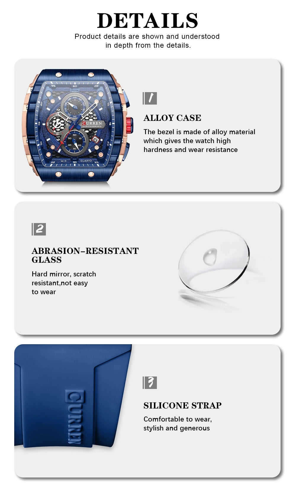 CURREN Square Business Sport Watch – Large Dial Quartz Wristwatch with Silicone Band & Luminous Hands