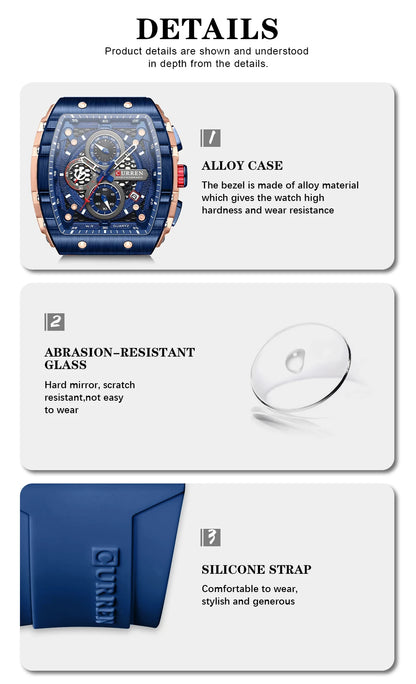 CURREN Square Business Sport Watch – Large Dial Quartz Wristwatch with Silicone Band & Luminous Hands