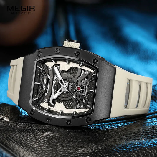 MEGIR Men's Automatic Mechanical Watch with Stainless Steel Case Sillicone Strap Fashion Waterproof Luminous Wristwatch 8604