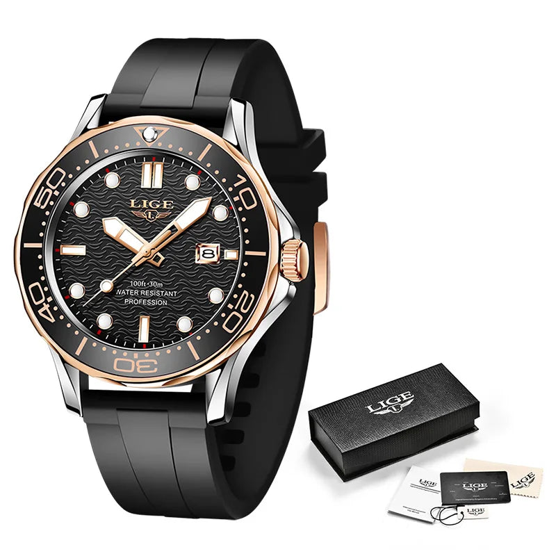 2025 LIGE Men's Business Luxury Dive Watch – Waterproof Chronograph with Date | Stainless Steel Sport Wristwatch + Box