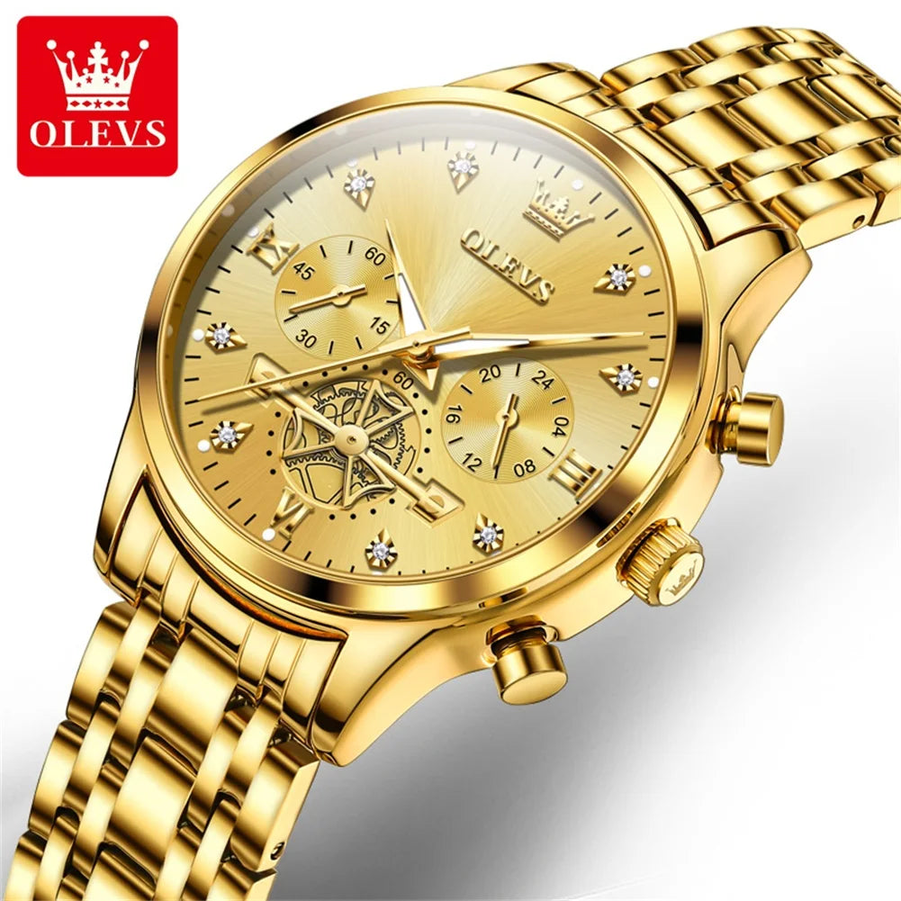 OLEVS Luxury Flywheel Design Couple Wristwatch Chronograph Waterproof Moon Phase Watch Brand Original Quartz Watch for Men Women