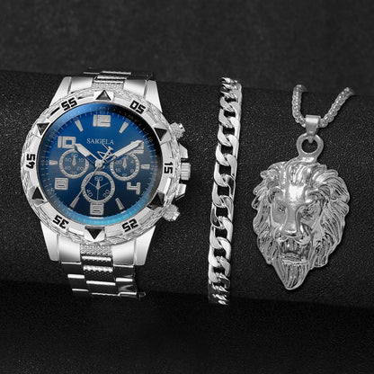 Luxorive Executive Trio – Men's Stainless Steel Arabic Dial Business Watch Set (3‑Piece, No Box)