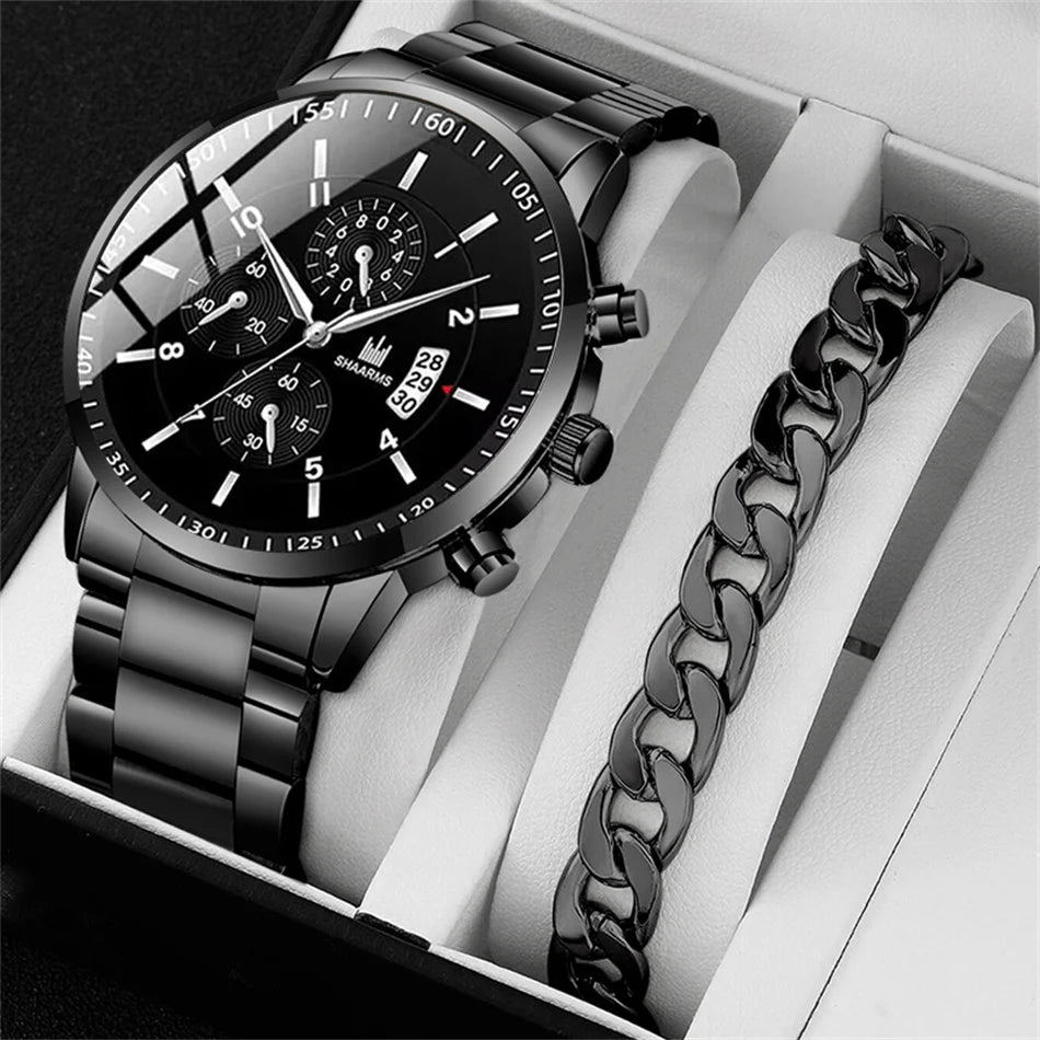 Luxorive ChronoLux Set – Men’s Stainless Steel Quartz Watch & Bracelet Combo