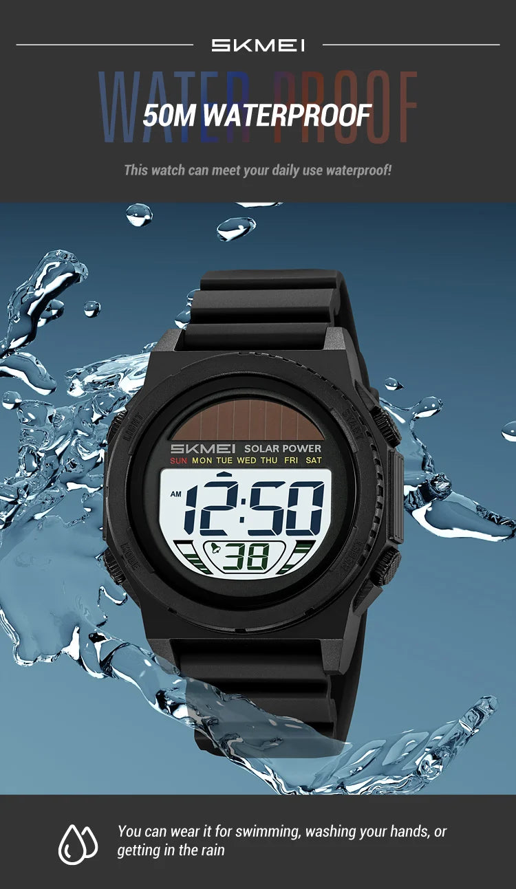 SKMEI Solar Digital Sports Watch for Men – Waterproof Chronograph Wristwatch