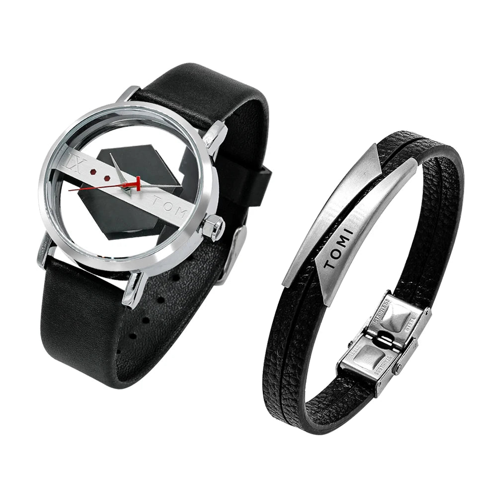 TOMI New 2PCS Men's Gift Box Watch Bracelet Simple and Fashionable Hollow out Versatile Black Strap Men's Quartz Watch Reloj