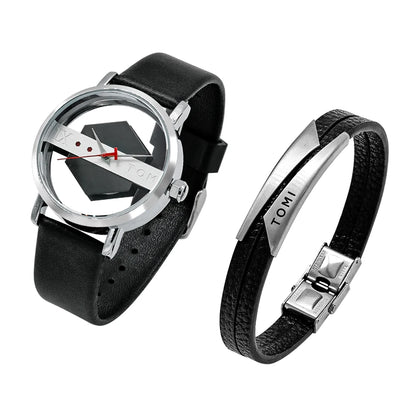 TOMI New 2PCS Men's Gift Box Watch Bracelet Simple and Fashionable Hollow out Versatile Black Strap Men's Quartz Watch Reloj