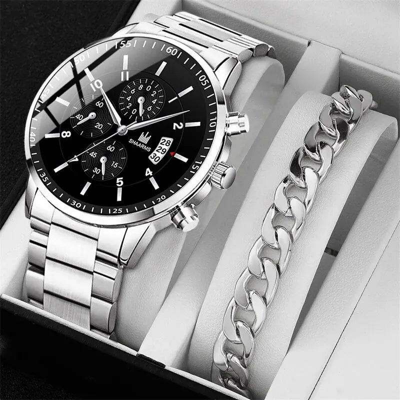 Luxorive ChronoLux Set – Men’s Stainless Steel Quartz Watch & Bracelet Combo