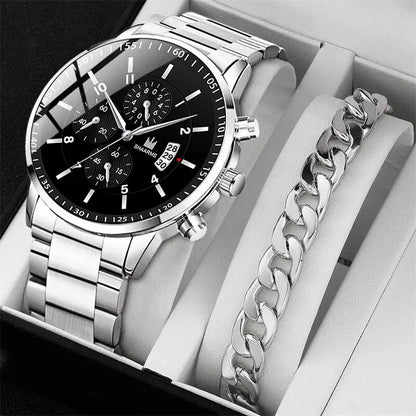 Luxorive ChronoLux Set – Men’s Stainless Steel Quartz Watch & Bracelet Combo