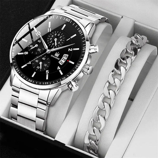 Luxorive ChronoLux Set – Men’s Stainless Steel Quartz Watch & Bracelet Combo