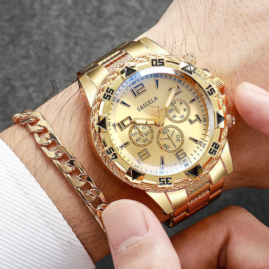 Luxorive Regal Gold Set – 4‑Piece Men’s Quartz Watch & Jewelry Combo (Without Box)