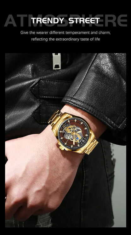 LIGE Men's Skeleton Quartz Watch – Luxury Retro Gold Wristwatch, Stainless Steel, Waterproof, Casual/Formal
