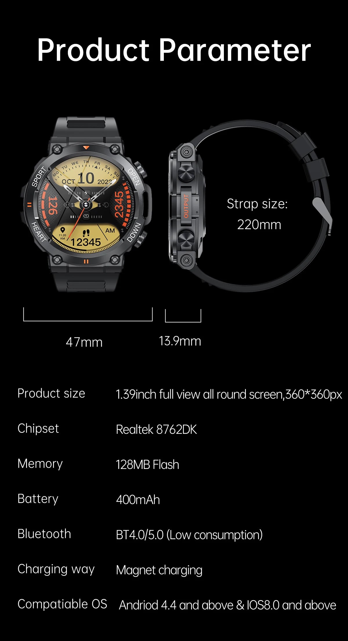 Luxorive K56Pro Smartwatch – 1.39" HD Display, Heart Rate, Bluetooth, 400mAh Battery, Sports & Outdoor Use