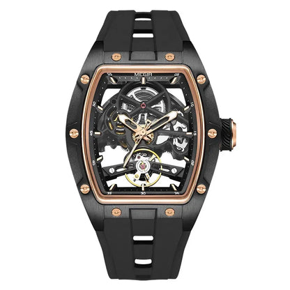Luxorive MEGIR 2242 – Automatic Tonneau Dial Men’s Watch | Black Silicone Strap | Luminous Sport Design