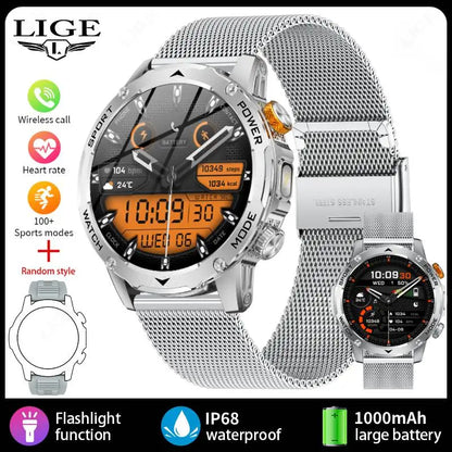 LIGE Men’s Smartwatch – 1000mAh Battery, Outdoor Flashlight, Bluetooth Call, Waterproof Fitness Tracker
