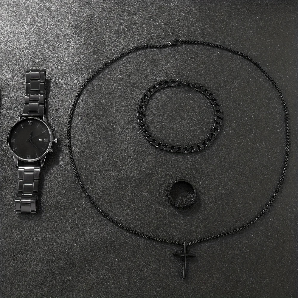 Luxorive Essential Gift Set – 4‑Piece Men's Black Calendar Quartz Watch + Cross Necklace, Ring & Bracelet