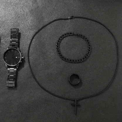 Luxorive Essential Gift Set – 4‑Piece Men's Black Calendar Quartz Watch + Cross Necklace, Ring & Bracelet
