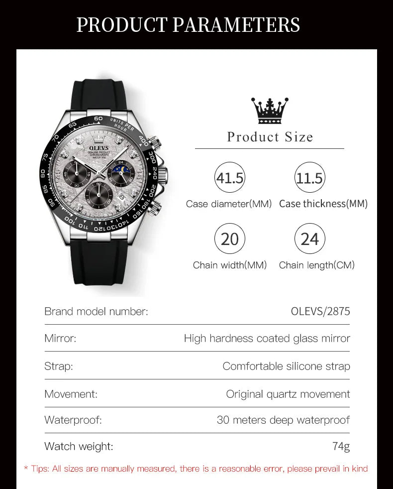 OLEVS Luxury Men's Watches Waterproof Original Quartz Man Watch Moon Phase Watch for Men Chronograph Wrist Watch Luminous Clock